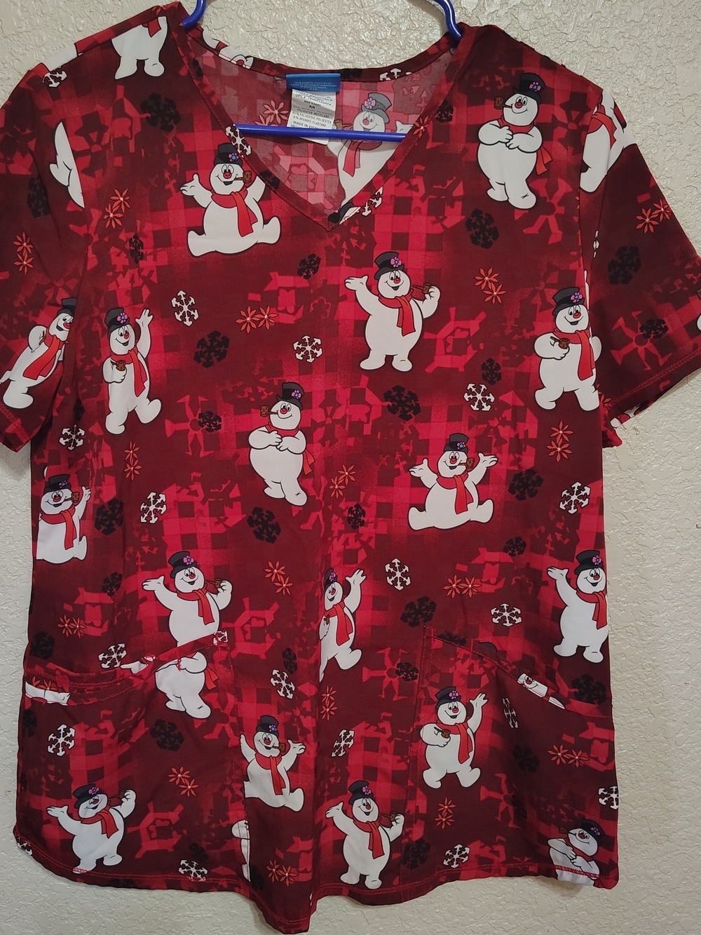 Women’s Red Short-Sleeve V-Neck Tee with Snowman Print